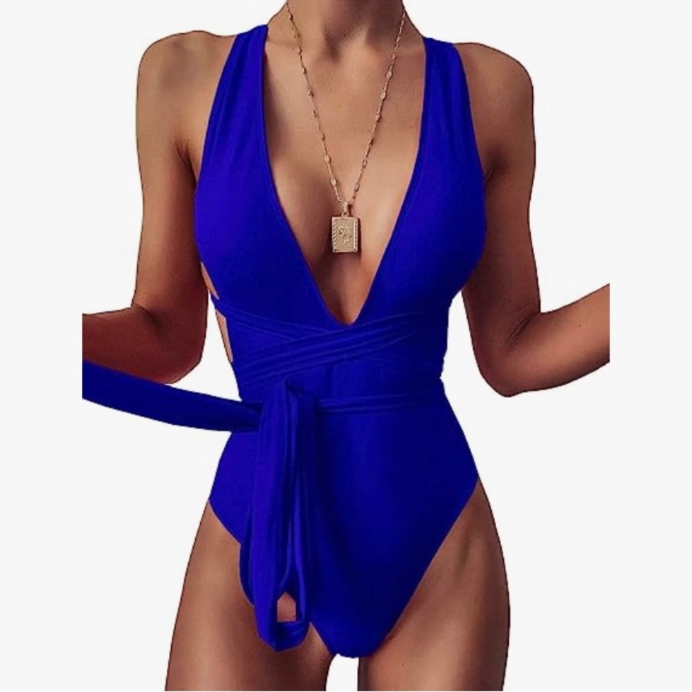 Royal Blue One Piece Plunge Bathing Suit